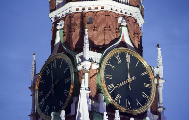 MOSCOW, RUSSIA â€“ AUGUST 27, 2021: The clock on the Moscow Kremlin s Spasskaya Tower at the opening of the 2021 Spasskaya Tower International Military Music Festival in Moscow s Red Square. Vladimir Gerdo TASS  TS10E016