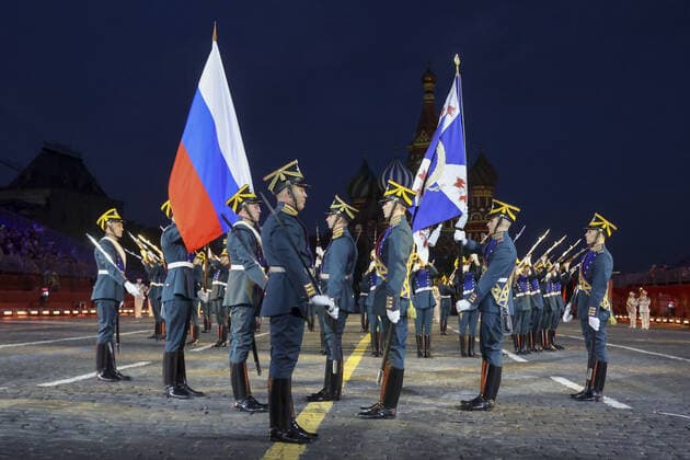 MOSCOW, RUSSIA â€“ AUGUST 27, 2021: Honour guard at the opening of the 2021 Spasskaya Tower International Military Music Festival in Moscow s Red Square. Vladimir Gerdo TASS  TS10E019