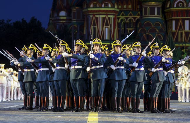 MOSCOW, RUSSIA â€“ AUGUST 27, 2021: Honour Guard of the Russian Presidential Regiment perform at the opening of the 2021 Spasskaya Tower International Military Music Festival in Moscow s Red Square. Vladimir Gerdo TASS  TS10E05C