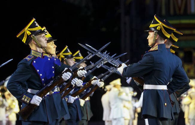 MOSCOW, RUSSIA â€“ AUGUST 27, 2021: Honour Guard of the Russian Presidential Regiment perform at the opening of the 2021 Spasskaya Tower International Military Music Festival in Moscow s Red Square. Vladimir Gerdo TASS  TS10E05D