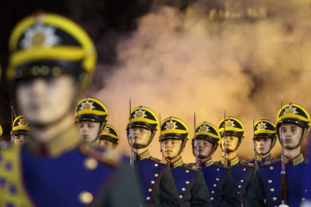 MOSCOW, RUSSIA â€“ AUGUST 27, 2021: Honour Guard of the Russian Presidential Regiment perform at the opening of the 2021 Spasskaya Tower International Military Music Festival in Moscow s Red Square. Vladimir Gerdo TASS  TS10E05F
