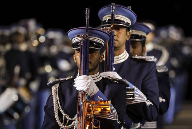 MOSCOW, RUSSIA â€“ AUGUST 27, 2021: Members of the Qatar Police Band perform at the opening of the 2021 Spasskaya Tower International Military Music Festival in Moscow s Red Square. Vladimir Gerdo TASS  TS10E063