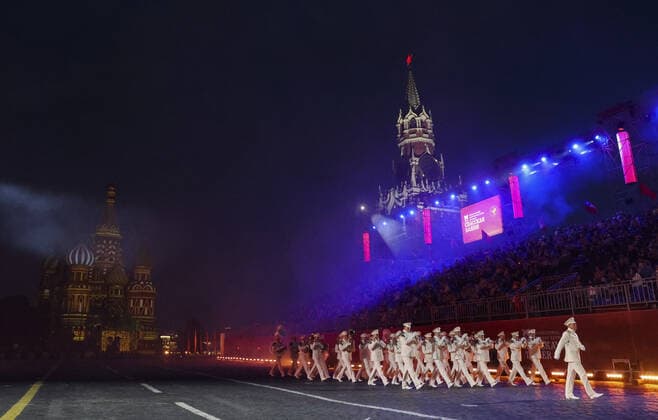 MOSCOW, RUSSIA â€“ AUGUST 27, 2021: President s Band of the Moscow Kremlin Commandant s Service of the Russian Federal Guard Service performs at the opening of the 2021 Spasskaya Tower International Military Music Festival in Moscow s Red Square. Vladimir Gerdo TASS  TS10E069
