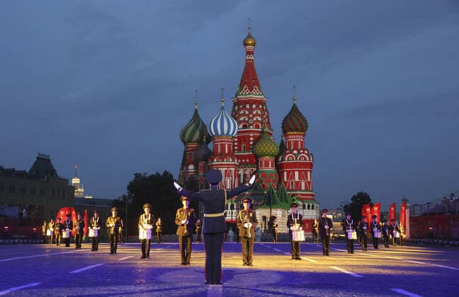 MOSCOW, RUSSIA â€“ AUGUST 27, 2021: A military band performs at the opening of the 2021 Spasskaya Tower International Military Music Festival in Moscow s Red Square. Vladimir Gerdo TASS  TS10E06E