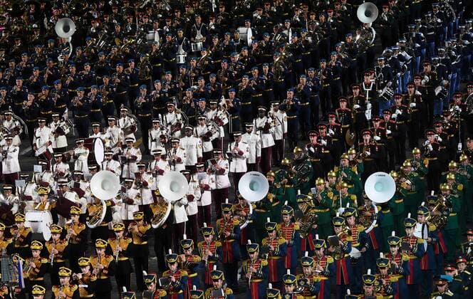 Russia Military Music Festival 6635330 27.08.2021 Servicemen perform during the opening ceremony of the Spasskaya Tower International Military Music Festival at the Red Square, in Moscow, Russia. Vladimir Vyatkin Sputnik Moscow Russia  Copyright: xVladimirxVyatkinx