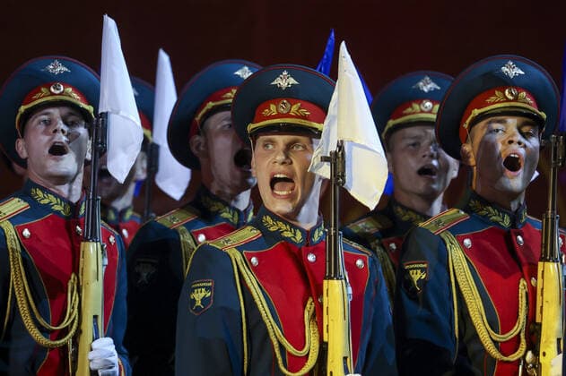 MOSCOW, RUSSIA â€“ AUGUST 27, 2021: Honour guard of the Preobrazhensky Regiment perform at the opening of the 2021 Spasskaya Tower International Military Music Festival in Moscow s Red Square. Vladimir Gerdo TASS  TS10E070