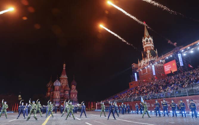 MOSCOW, RUSSIA â€“ AUGUST 27, 2021: The Combined Band of the Russian Airborne Forces performs at the opening of the 2021 Spasskaya Tower International Military Music Festival in Moscow s Red Square. Vladimir Gerdo TASS  TS10E071