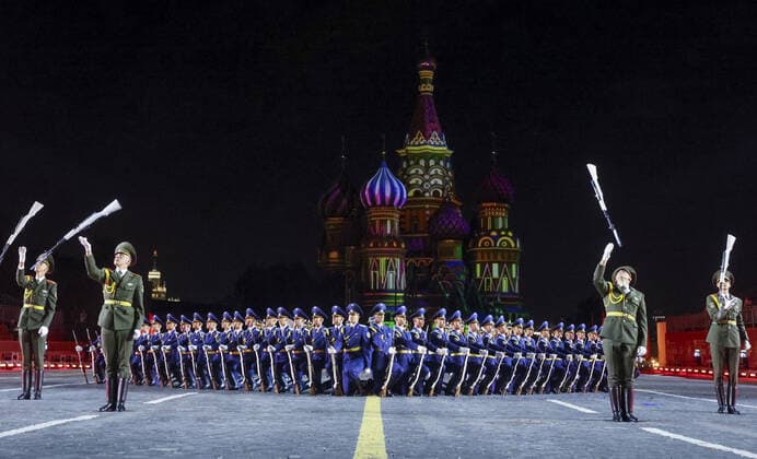 MOSCOW, RUSSIA â€“ AUGUST 27, 2021: Servicemen perform at the opening of the 2021 Spasskaya Tower International Military Music Festival in Moscow s Red Square. Vladimir Gerdo TASS  TS10E073