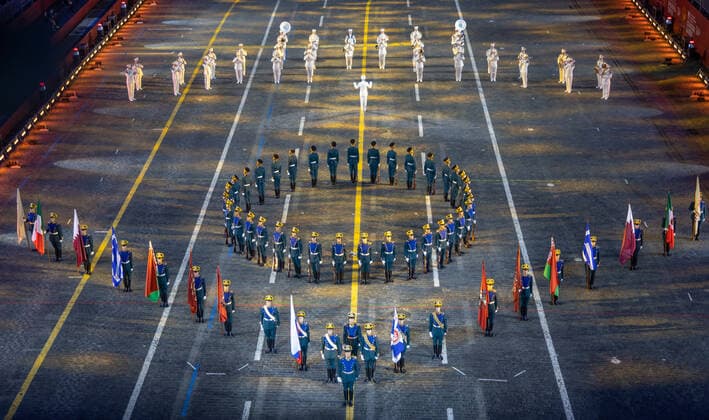 MOSCOW, RUSSIA â€“ AUGUST 27, 2021: Members of the 154th Preobrazhensky Independent Commandant s Regiment perform in Red Square at the opening of the 2021 Spasskaya Tower International Military Music Festival. Marina Lystseva TASS  TS10E077