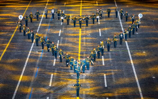 MOSCOW, RUSSIA â€“ AUGUST 27, 2021: Members of the 154th Preobrazhensky Independent Commandant s Regiment perform in Red Square at the opening of the 2021 Spasskaya Tower International Military Music Festival. Marina Lystseva TASS  TS10E079