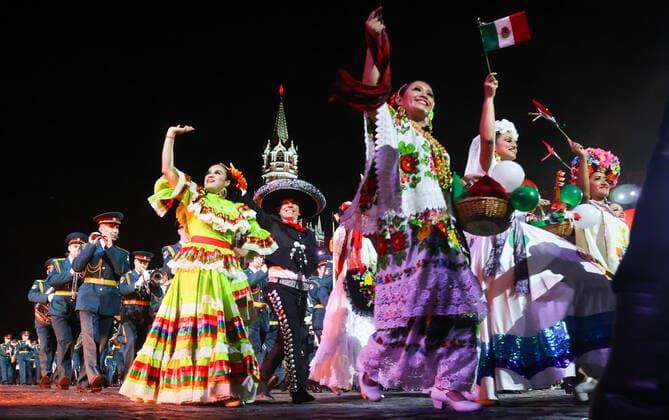 MOSCOW, RUSSIA â€“ AUGUST 27, 2021: Members of the Representative Music Band of the Mexican Armed Forces (Banda Representativa de Musica de las Fuerzas Armadas Mexicanas) perform at the opening of the 2021 Spasskaya Tower International Military Music Festival in Red Square. Vladimir Gerdo TASS  TS10E086