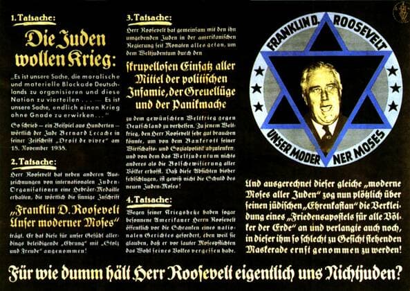 Parole der Woche Ein wöchentliches nationalsozialistisches Propagandaplakat, das zwischen 1936 und 1943 herausgegeben und an öffentlichen Plätzen aufgehängt wurde; eine kleinere Version in Spielkartengröße wurde ebenfalls gedruckt Diese Ausgabe zum 1. Mai stellt den amerikanischen Präsidenten Franklin D. Roosevelt als kriegslüsternen modernen Moses dar Holocaust Deutschland Mai 1939 ACHTUNG AUFNAHMEDATUM G