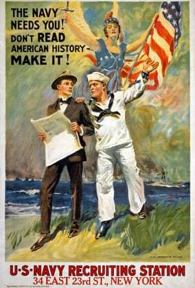 WW I poster USA World War I, American recruitment poster showing a sailor taking a man in a suit by the shoulder, and gesturing toward battle ships at sea and a figure of Liberty waving the American flag. Original title: The Navy needs you! Don t read American history - make it! U.S. Navy Recruiting Station, 34 East 23rd St., New York. The Mayor s Committee on National Defense, Recruiting Committee. Artist: James Montgomery Flagg (1877 - 1960) Lithograph poster, color ; 102 x 70 cm. The H.C. Miner Lithograph Company. New York 1917. ! ACHTUNG: AUFNAHMEDATUM GESCHÄTZT! *** WW I Poster USA World War I, amerikanisches Rekrutierungsplakat, das einen Matrosen zeigt, der einen Mann im Anzug an der Schulter nimmt und in Richtung der Schlachtschiffe
