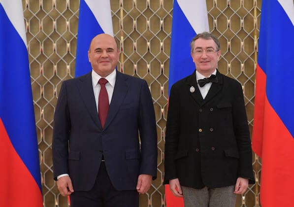 Russland, Verleihung des Staatspreis f?r Kultur in Moskau Russia Mishustin Culture Award 6638551 31.08.2021 Russian Prime Minister Mikhail Mishustin and Grigory Zaslavsky, rector of the Russian Institute of Theatre Arts and theatre critic attend the Governmental Prize for a culture award ceremony in Moscow, Russia. Alexander Astafyev Sputnik Moscow Russia  Copyright: xAlexanderxAstafyevx