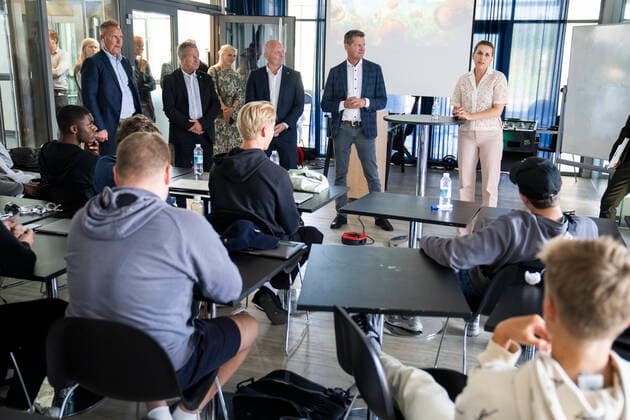 The Prime Minister Mette Frederiksen and Director of the National Board of Health Soeren Brostroem visit the emergency vaccination team at Broendby Gymnasium and have a tour and a chat with the students at the high school, Tuesday 31 August 2021, Copenhagen Denmark  Copyright: MartinxSylvestx COP105 spdk20210831-165404-L