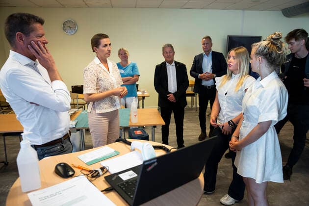The Prime Minister Mette Frederiksen and Director of the National Board of Health Soeren Brostroem visit the emergency vaccination team at Broendby Gymnasium and have a tour and a chat with the students at the high school, Tuesday 31 August 2021, Copenhagen Denmark  Copyright: MartinxSylvestx COP105 spdk20210831-165802-L