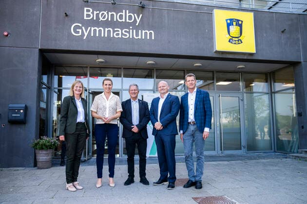 Prime Minister Mette Frederiksen and Director of the National Board of Health Soeren Brostroem leave the High School in Broendby Prime Minister Mette Frederiksen and Director of the National Board of Health Soeren Brostroem visit emergency vaccination team at Broendby Gymnasium, Tuesday 31 August 2021, Copenhagen Denmark  Copyright: MartinxSylvestx COP105 spdk20210831-165914-L