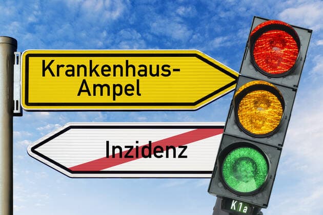 PHOTOMONTAGE, signpost with inscription hospital traffic light and crossed out inscription incidence with traffic light ** NUR FUER REDAKTIONELLE ZWECKE ** EDITORIAL USE ONLY **
