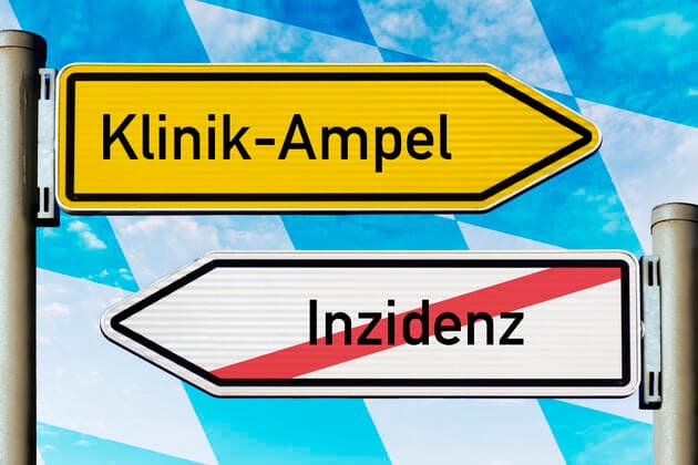 PHOTOMONTAGE, signpost with inscription clinic traffic light and crossed out inscription incidence with Bavarian state flag ** NUR FUER REDAKTIONELLE ZWECKE ** EDITORIAL USE ONLY **