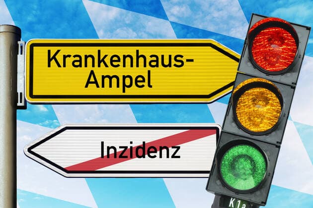 PHOTOMONTAGE, signpost with inscription hospital traffic light and crossed out inscription incidence with traffic light and Bavarian state flag ** NUR FUER REDAKTIONELLE ZWECKE ** EDITORIAL USE ONLY **