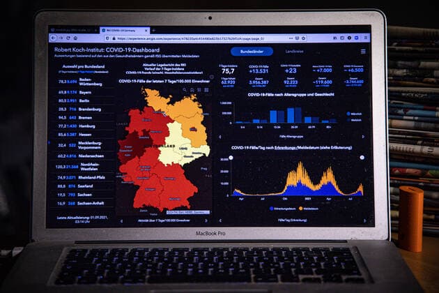 Coronavirus in Germany Covid 19 Dashboard of the Robert Koch Institute 01 09 2021 Robert Koch Institute 7 days Incidence 75.7 7 days Number of cases 62 920 COVID 19 cases 3 956 387 Addition of 13 531 compared to the previous day COVID 19 deaths 92 223 Addition of 23 compared to the previous day