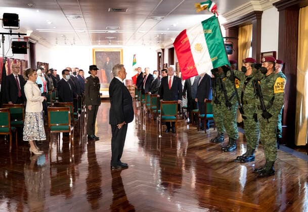 (210902) -- MEXICO CITY, Sept. 2, 2021 -- Mexican President Andres Manuel Lopez Obrador (C) attends a ceremony to honor the national flag during his state of the nation address at the National Palace in Mexico City, capital of Mexico, on Sept. 1, 2021. Many experts forecast Mexico s economy will grow about 6 percent in 2021, as post-pandemic productivity picks up and vaccination against COVID-19 makes progress, President Andres Manuel Lopez Obrador said on Wednesday. (Str Xinhua) MEXICO-MEXICO CITY-LOPEZ OBRADOR-STATE OF THE NATION ADDRESS e Str 