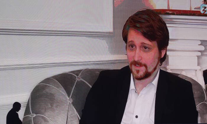 MOSCOW, RUSSIA â€“ SEPTEMBER 2, 2021: Former US National Security Agency contractor Edward Snowden (on the screen) addresses the 2nd New Knowledge educational marathon via a video linkup. Artyom Geodakyan TASS  TS10E974