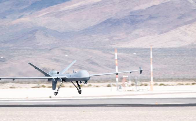 STYLELOCATIONA U.S. Air Force MQ-9 Reaper drone assigned to the 432nd Wing, lands on the flight-line at Creech Air Force Base September 1, 2021 in Indian Springs, Nevada. Indian Springs United States of America - ZUMAp138 20210901_zaa_p138_003 Copyright: xTsgt.xEmersonxNunez UsxAirx