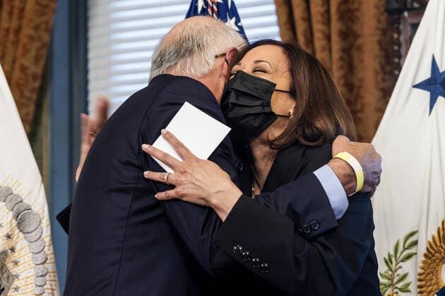 Vice President Kamala Harris hugs Ken Salazar (L) after his ceremonially swearing in as the U.S. Ambassador to Mexico in the Vice President s office in the Eisenhower Executive Office Building in Washington, DC, on Thursday, September 2, 2021.  WASP2021090239 JimxLoxScalzo