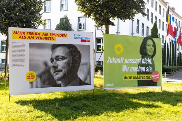 DEU, Germany, North Rhine-Westphalia, Münster, 31 08 2021 Bundestag election campaign 2021 election posters Bündnis 90 Die Grünen, Annalena Baerbock, FDP, Christian Lindner
