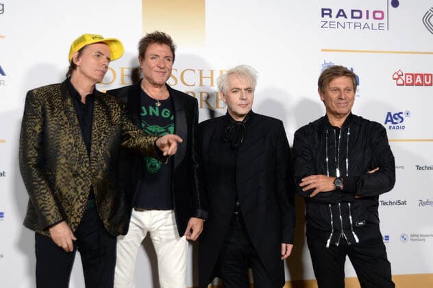 Hamburg the 02 09 2021 John Taylor, Simon Le Bon, Nick Rhodes and Roger Taylor v li of the British band Duran Duran at the award ceremony German Radio Award 2021 in Hamburg on the golden carpet The festive gala took place under corona conditions at the Schuppen 52 in Hamburg harbour Golden carpet at the award ceremony German Radio Aw