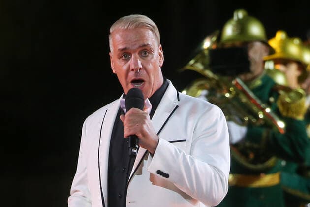 MOSCOW, RUSSIA - SEPTEMBER 4, 2021: Lead vocalist Till Lindemann of the German rock band Rammstein performs at the 2021 Spasskaya Tower Military Music Festival in Moscowâ€™s Red Square. Marina Lystseva TASS  TS10F2C3