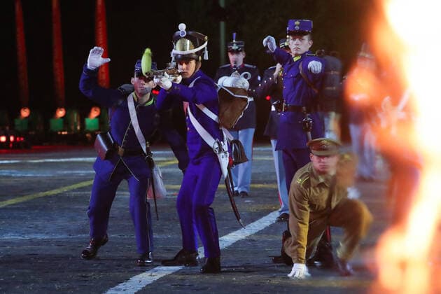 MOSCOW, RUSSIA â€“ SEPEMBER 5, 2021: A band of the Hellenic Army Supreme Military Support Command Theseus performs at the closing of the 2021 Spasskaya Tower International Military Music Festival in Moscow s Red Square. Sergei Karpukhin TASS  TS10F3C3