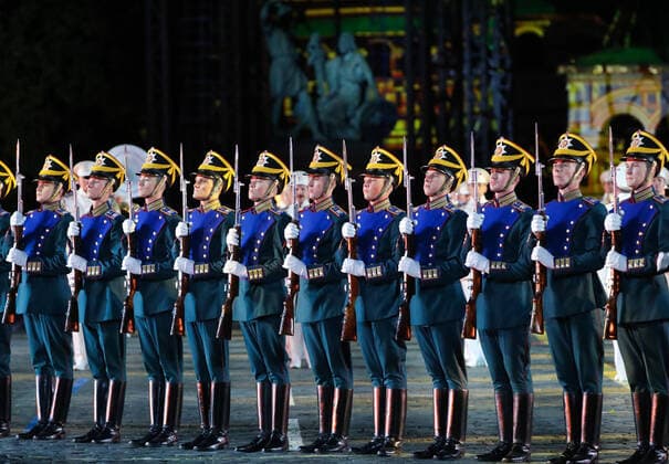 MOSCOW, RUSSIA â€“ SEPEMBER 5, 2021: Honour Guard of the Russian Presidential Regiment perform at the closing of the 2021 Spasskaya Tower International Military Music Festival in Moscow s Red Square. Sergei Karpukhin TASS  TS10F3C6