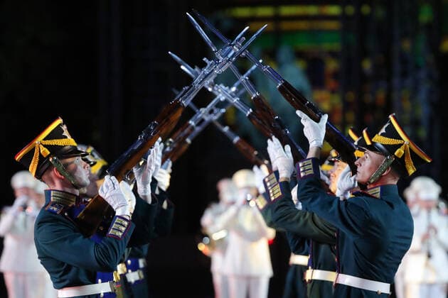 MOSCOW, RUSSIA â€“ SEPEMBER 5, 2021: Honour Guard of the Russian Presidential Regiment perform at the closing of the 2021 Spasskaya Tower International Military Music Festival in Moscow s Red Square. Sergei Karpukhin TASS  TS10F3C7