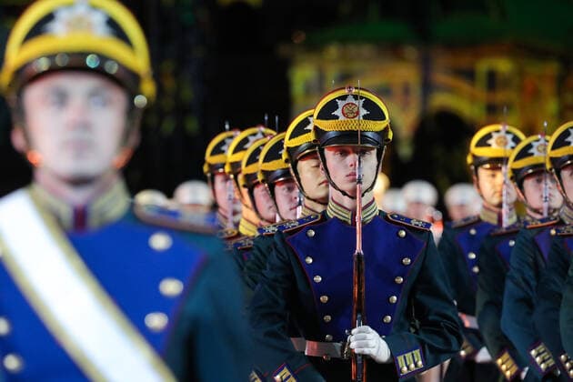 MOSCOW, RUSSIA â€“ SEPEMBER 5, 2021: Honour Guard of the Russian Presidential Regiment perform at the closing of the 2021 Spasskaya Tower International Military Music Festival in Moscow s Red Square. Sergei Karpukhin TASS  TS10F3C8