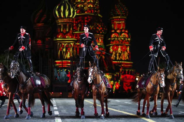 MOSCOW, RUSSIA â€“ SEPEMBER 5, 2021: Kremlin Equestrian School members perform at the closing of the 2021 Spasskaya Tower International Military Music Festival in Moscow s Red Square. Sergei Karpukhin TASS  TS10F3CC