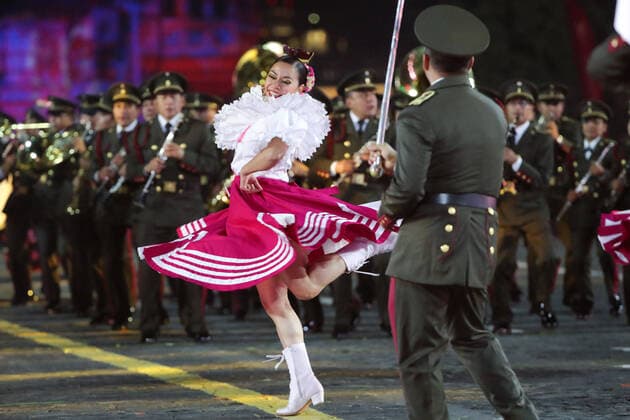 MOSCOW, RUSSIA â€“ SEPEMBER 5, 2021: Military band of the Mexican Defence Ministry performs at the closing of the 2021 Spasskaya Tower International Military Music Festival in Moscow s Red Square. Sergei Karpukhin TASS  TS10F3CF