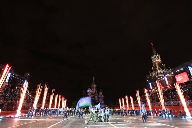 MOSCOW, RUSSIA â€“ SEPEMBER 5, 2021: The Combined Band of the Russian Airborne Forces performs at the closing of the 2021 Spasskaya Tower International Military Music Festival in Moscow s Red Square. Sergei Karpukhin TASS  TS10F3D8