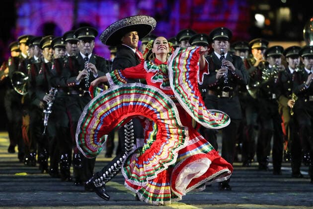 MOSCOW, RUSSIA â€“ SEPEMBER 5, 2021: Military band of the Mexican Defence Ministry performs at the closing of the 2021 Spasskaya Tower International Military Music Festival in Moscow s Red Square. Sergei Karpukhin TASS  TS10F3F0