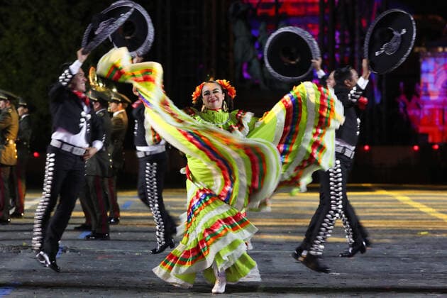 MOSCOW, RUSSIA â€“ SEPEMBER 5, 2021: Military band of the Mexican Defence Ministry performs at the closing of the 2021 Spasskaya Tower International Military Music Festival in Moscow s Red Square. Sergei Karpukhin TASS  TS10F3F3