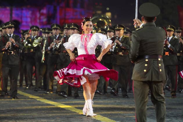 MOSCOW, RUSSIA â€“ SEPEMBER 5, 2021: Military band of the Mexican Defence Ministry performs at the closing of the 2021 Spasskaya Tower International Military Music Festival in Moscow s Red Square. Sergei Karpukhin TASS  TS10F3F4