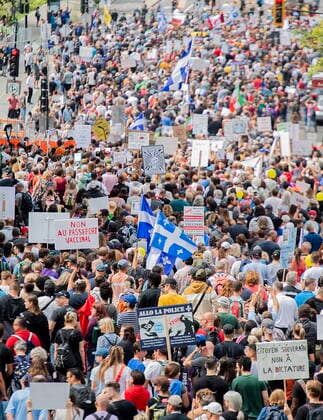 September 5, 2021, Montreal, PQ, Canada: People attend a protest against the Quebec governmentÃ¢â‚¬â ¢s measures to help curb the spread of COVID-19 in Montreal, Sunday, September 5, 2021, as the COVID-19 pandemic continues in Canada and around the world. Montreal Canada  - ZUMAc35_ 20210905_zaf_c35_034 Copyright: xGrahamxHughesx