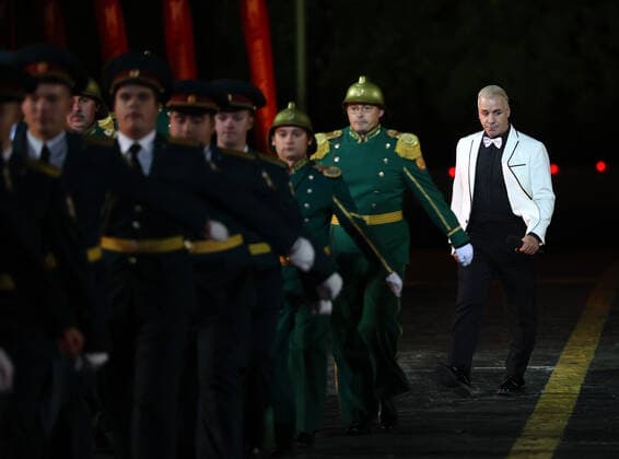 Lead vocalist Till Lindemann of the German rock band Rammstein performs at the closing of the 2021 Spasskaya Tower International Military Music Festival in Moscow s Red Square.