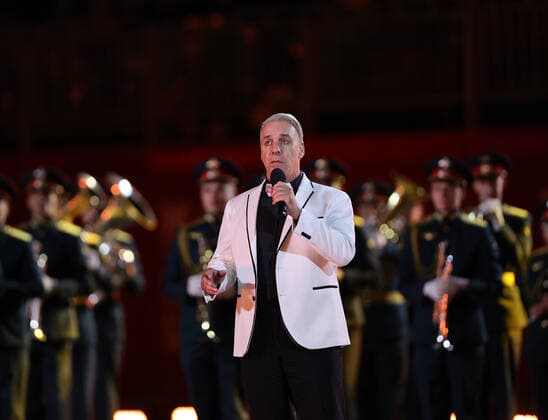 Lead vocalist Till Lindemann of the German rock band Rammstein performs at the closing of the 2021 Spasskaya Tower International Military Music Festival in Moscow s Red Square.