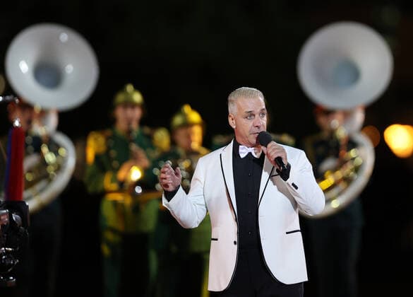 Lead vocalist Till Lindemann of the German rock band Rammstein performs at the closing of the 2021 Spasskaya Tower International Military Music Festival in Moscow s Red Square.
