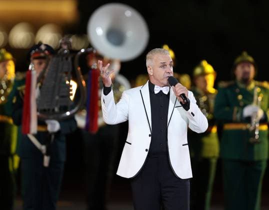 Lead vocalist Till Lindemann of the German rock band Rammstein performs at the closing of the 2021 Spasskaya Tower International Military Music Festival in Moscow s Red Square.