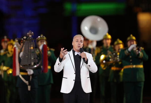Lead vocalist Till Lindemann of the German rock band Rammstein performs at the closing of the 2021 Spasskaya Tower International Military Music Festival in Moscow s Red Square.