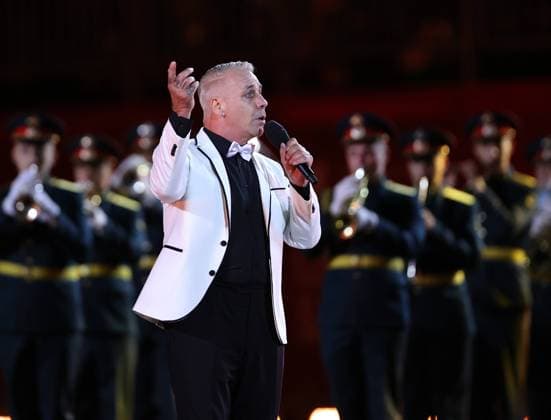 Lead vocalist Till Lindemann of the German rock band Rammstein performs at the closing of the 2021 Spasskaya Tower International Military Music Festival in Moscow s Red Square.