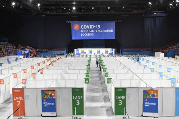 QLD CORONAVIRUS COVID19, A general view is seen of the new vaccination hub at the Brisbane Entertainment Centre in Brisbane, Tuesday, September 7, 2021. The Queensland government is trying to ramp up COVID-19 vaccinations before Delta reappears in the state, after bringing another outbreak under control. ( NO ARCHIVING, EDITORIAL USE ONLY, NO USE IN BOOKS WITHOUT CONSENT BRISBANE QLD AUSTRALIA  Copyright: xDARRENxENGLANDx 20210907001573517450
